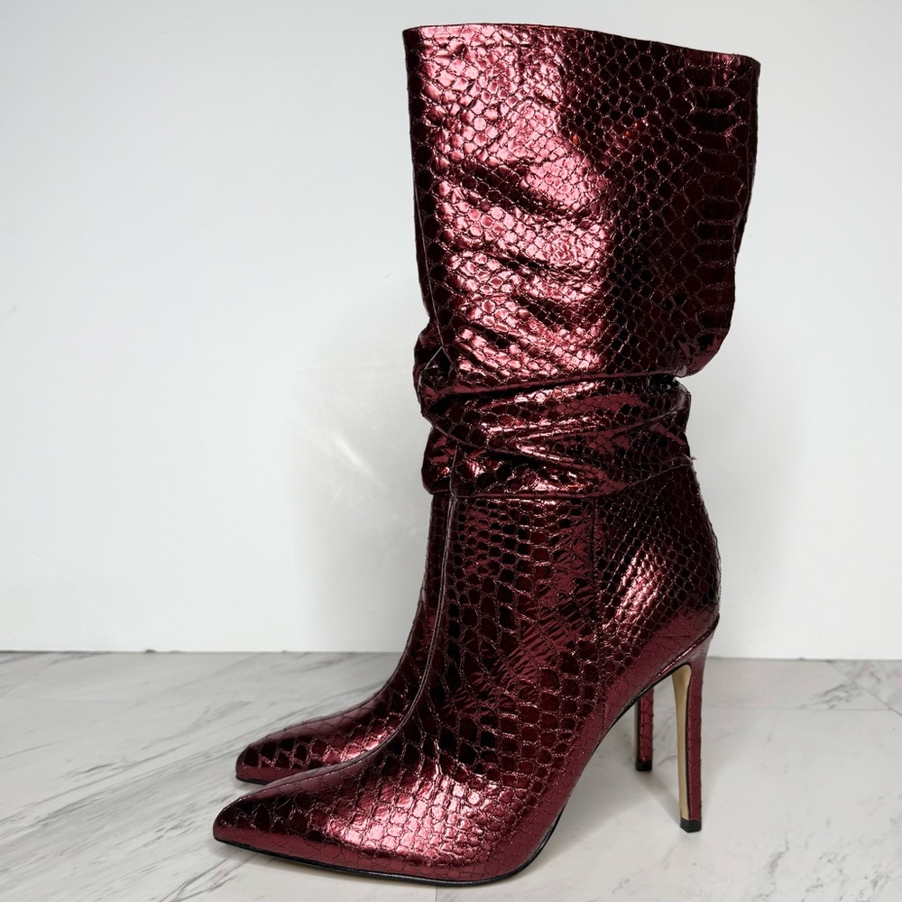 Marc Fisher Ramy Red Embossed Leather Pointy Toe Slouch Boot 8M